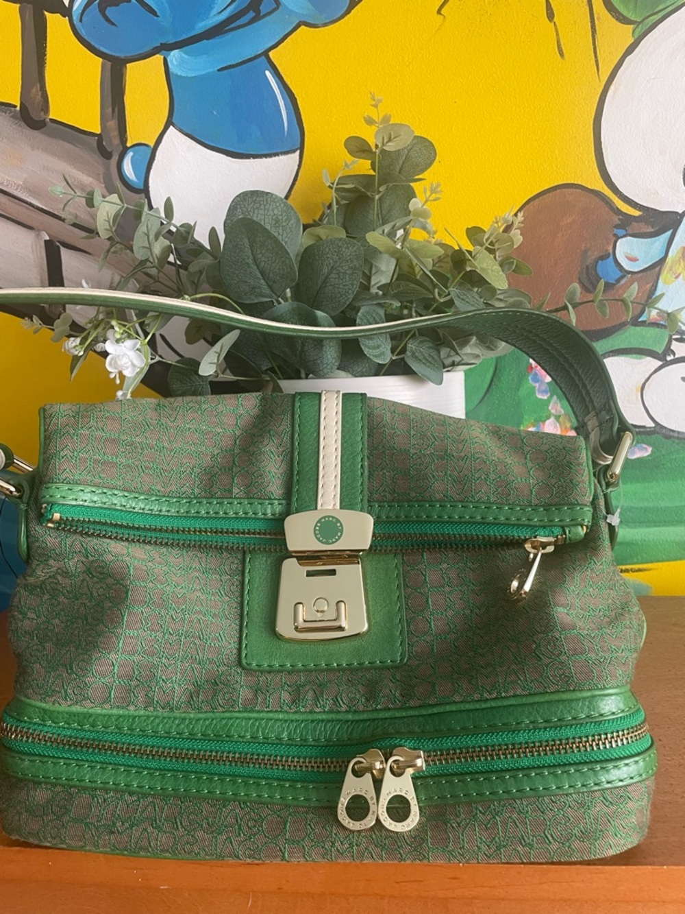 Marc by Marc Jacobs Teal Monogram Zip bag with gold Hardware .